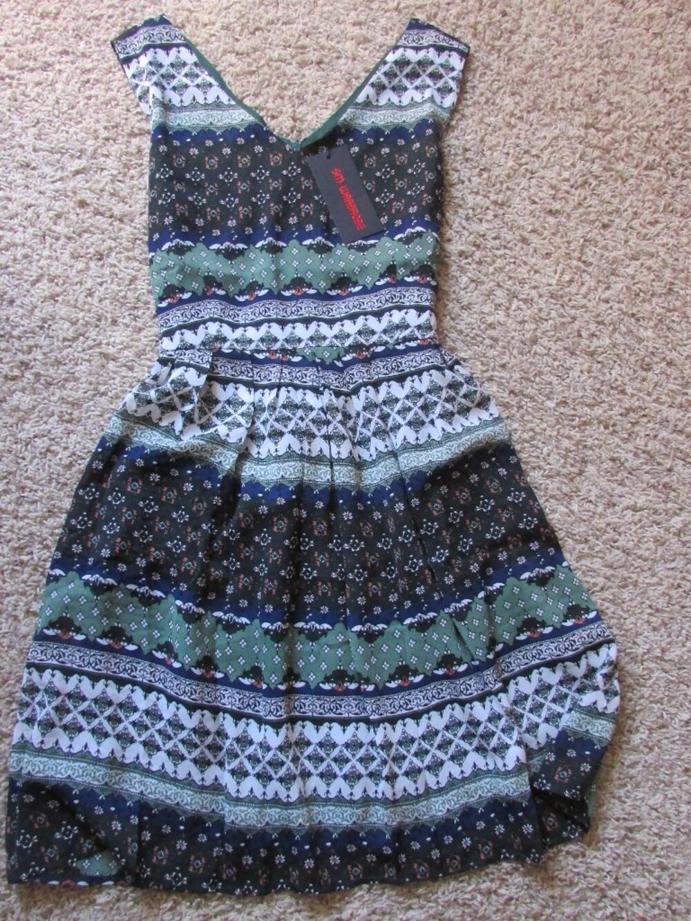 SM Wardrobe Small Green Blue Print Sundress V Neck & Back Chiffon A-Line Ties